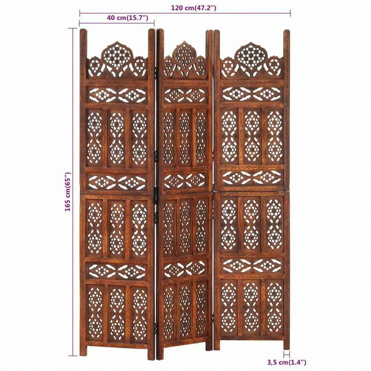 vidaXL 手彫り間仕切り 3枚パネル ブラウン 120x165cm マンゴー無垢材家具 間仕切り(代引不可)