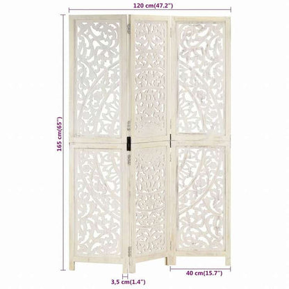 vidaXL 手彫り間仕切り 3枚パネル ホワイト 120x165cm マンゴー無垢材家具 間仕切り(代引不可)