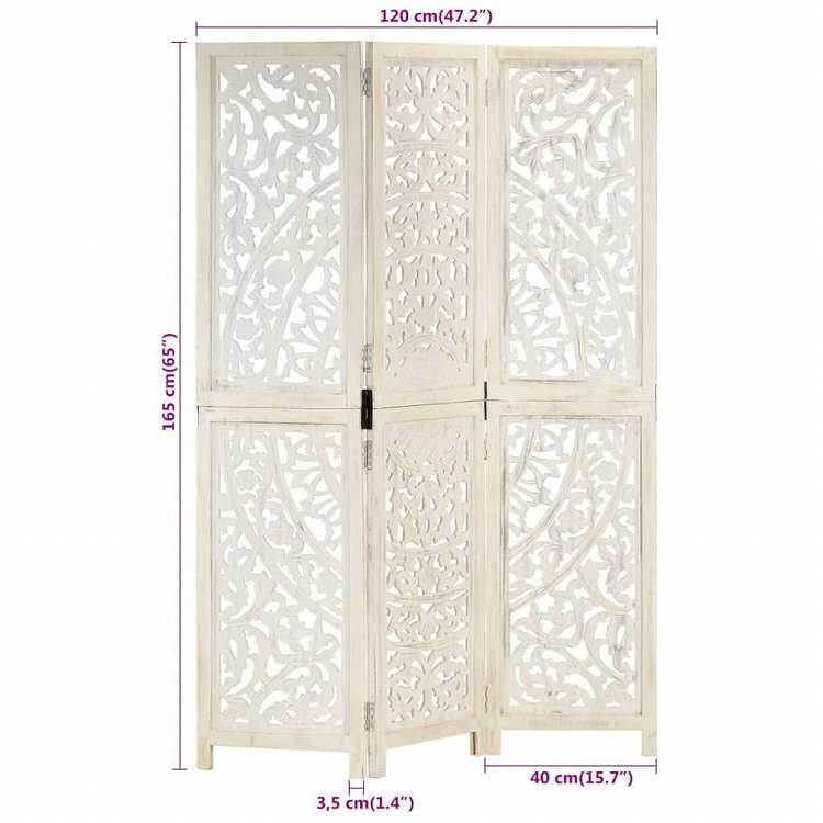 vidaXL 手彫り間仕切り 3枚パネル ホワイト 120x165cm マンゴー無垢材家具 間仕切り(代引不可)