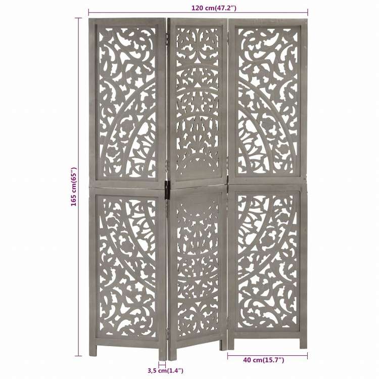 vidaXL 手彫り間仕切り 3枚パネル グレー 120x165cm マンゴー無垢材家具 間仕切り(代引不可)