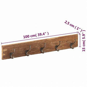 vidaXL 玄関・ウォールハンガー フック5個付 100x2.5x15 cm 再生無垢材ホーム&ガーデン デコレーション コート・帽子用ラック(代引不可)