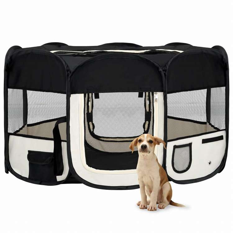 vidaXL 折りたたみ式 犬用プレイサークル キャリーバッグ付き ブラック 145x145x61cmAnimals & Pet Supplies ペット用品 犬用品 犬小屋・ドッグラン(代引不可)