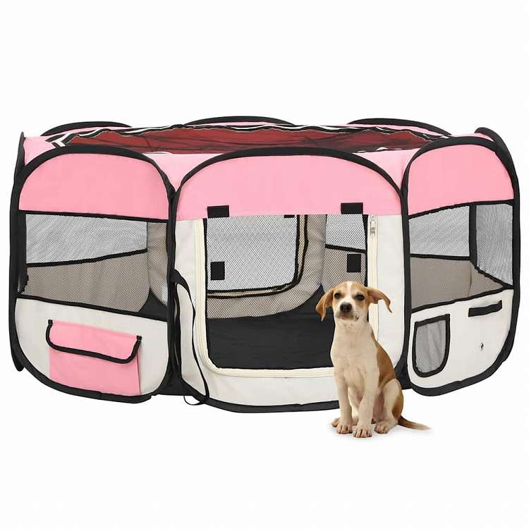vidaXL 折りたたみ式 犬用プレイサークル キャリーバッグ付き ピンク 145x145x61cm動物&ペット用品 ペット用品 犬用品 犬小屋・ドッグラン(代引不可)