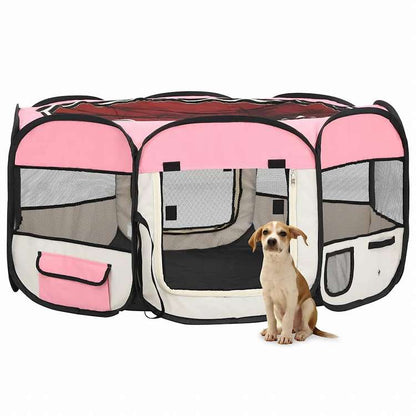 vidaXL 折りたたみ式 犬用プレイサークル キャリーバッグ付き ピンク 145x145x61cm動物&ペット用品 ペット用品 犬用品 犬小屋・ドッグラン(代引不可)