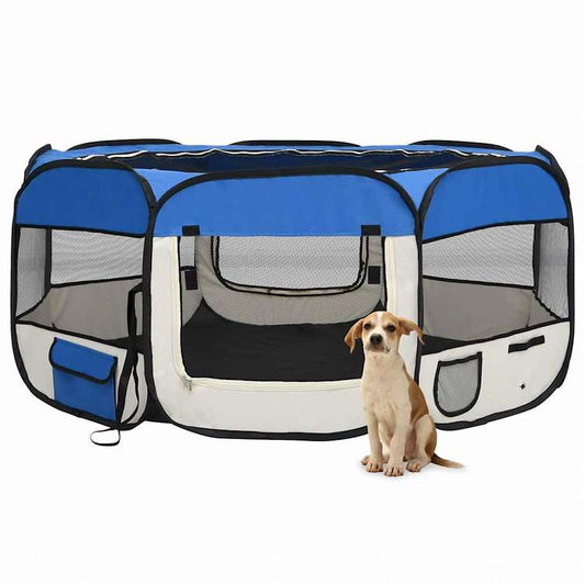 vidaXL 折りたたみ式 犬用プレイサークル キャリーバッグ付き ブルー 145x145x61cm動物&ペット用品 ペット用品 犬用品 犬小屋・ドッグラン(代引不可)