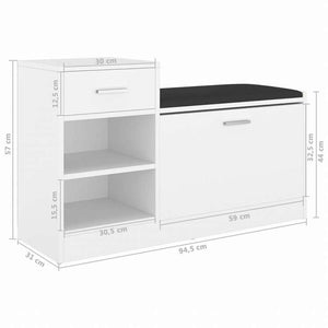 vidaXL シューズベンチ ホワイト 94.5x31x57cm エンジニアリングウッドホーム&ガーデン 家事用品 収納&オーガナイザー 衣類・ワードローブ収納 シューズラック・整理収納(代引不可)