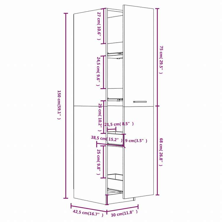 vidaXL 収納キャビネット 薬 ブラック 30x42.5x150 cm エンジニアリングウッド家具 キャビネット&収納 収納キャビネット・ロッカー(代引不可)