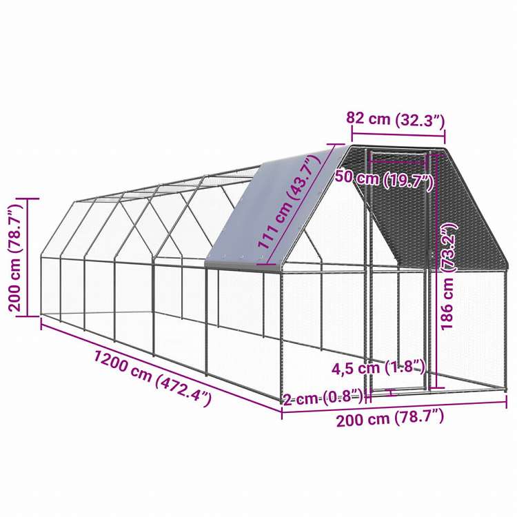 vidaXL 屋外鶏用ケージ 2x12x2m 亜鉛メッキ鋼製動物&ペット用品 ペット用品 小動物用品 小動物 飼育・ケージ(代引不可)