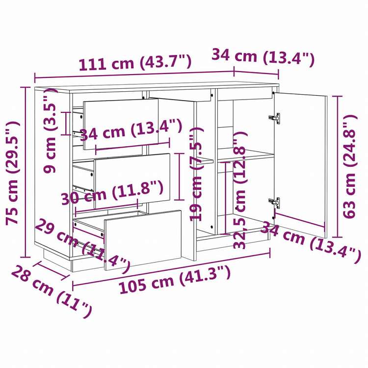 vidaXL サイドボード111x34x75 cm パイン無垢材家具 キャビネット&収納 サイドボード(代引不可)