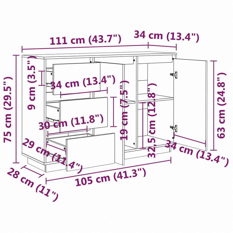 vidaXL サイドボード ホワイト 111x34x75 cm パイン無垢材家具 キャビネット&収納 サイドボード(代引不可)