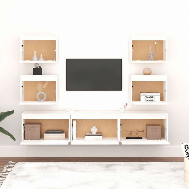 vidaXL テレビキャビネット 7点 無垢のホワイトパイン材家具 AVラック・テレビ台(代引不可)