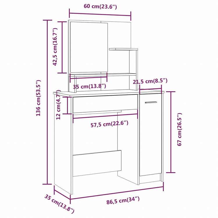 vidaXL ドレッシングテーブル ミラー付き ホワイト 86,5x35x136cm家具 キャビネット&収納 洗面・化粧台ユニット 寝室用化粧用テーブル(代引不可)