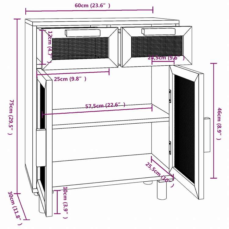 vidaXL サイドボード ブラウン 60x30x75 cm パイン無垢材&天然ラタン家具 キャビネット&収納 サイドボード(代引不可)