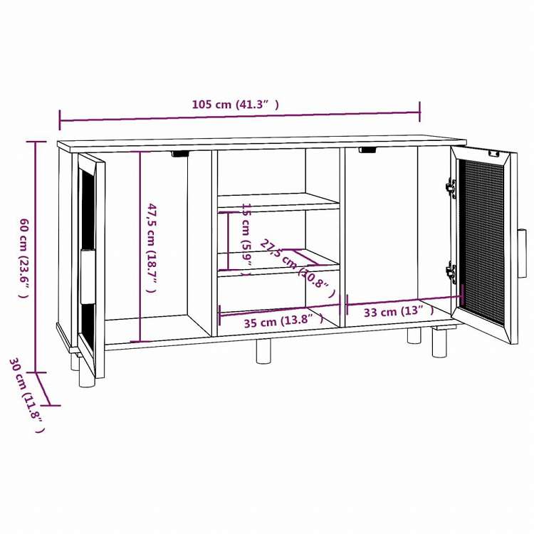 vidaXL サイドボード ブラウン 105x30x60 cm パイン無垢材&天然ラタン家具 キャビネット&収納 サイドボード(代引不可)