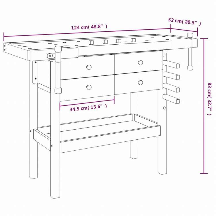 vidaXL 作業台 引き出し&バイス付き 124x52x83 cm アカシア無垢材ハードウェア ハードウェアアクセサリ 工具収納・整理整頓 ワークベンチ(代引不可)