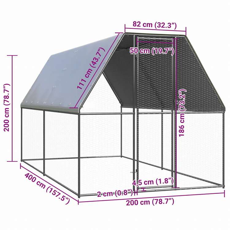 vidaXL 屋外鶏小屋 2x4x2m 亜鉛メッキ鋼製動物&ペット用品 ペット用品 小動物用品 小動物 飼育・ケージ(代引不可)