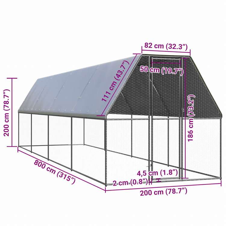 vidaXL 屋外鶏小屋 2x8x2m 亜鉛メッキ鋼製動物&ペット用品 ペット用品 小動物用品 小動物 飼育・ケージ(代引不可)