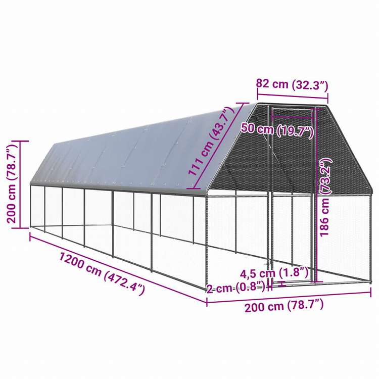 vidaXL 屋外鶏小屋 2x12x2m 亜鉛メッキ鋼製動物&ペット用品 ペット用品 小動物用品 小動物 飼育・ケージ(代引不可)