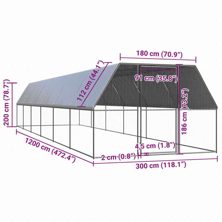 vidaXL 屋外鶏小屋 3x12x2m 亜鉛メッキ鋼製動物&ペット用品 ペット用品 小動物用品 小動物 飼育・ケージ(代引不可)