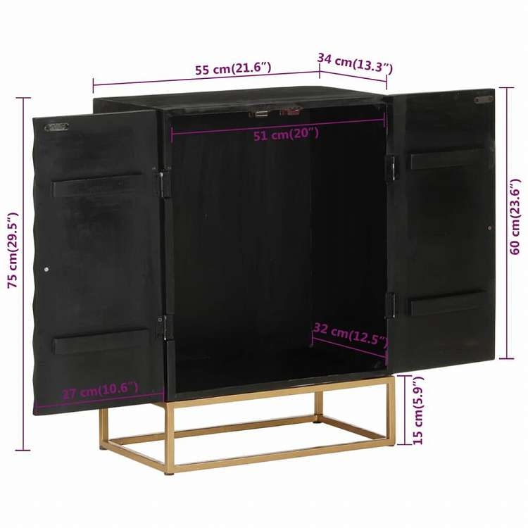 vidaXL サイドボード ブラック 55x34x75 cm マンゴー無垢材&鉄製家具 キャビネット&収納(代引不可)