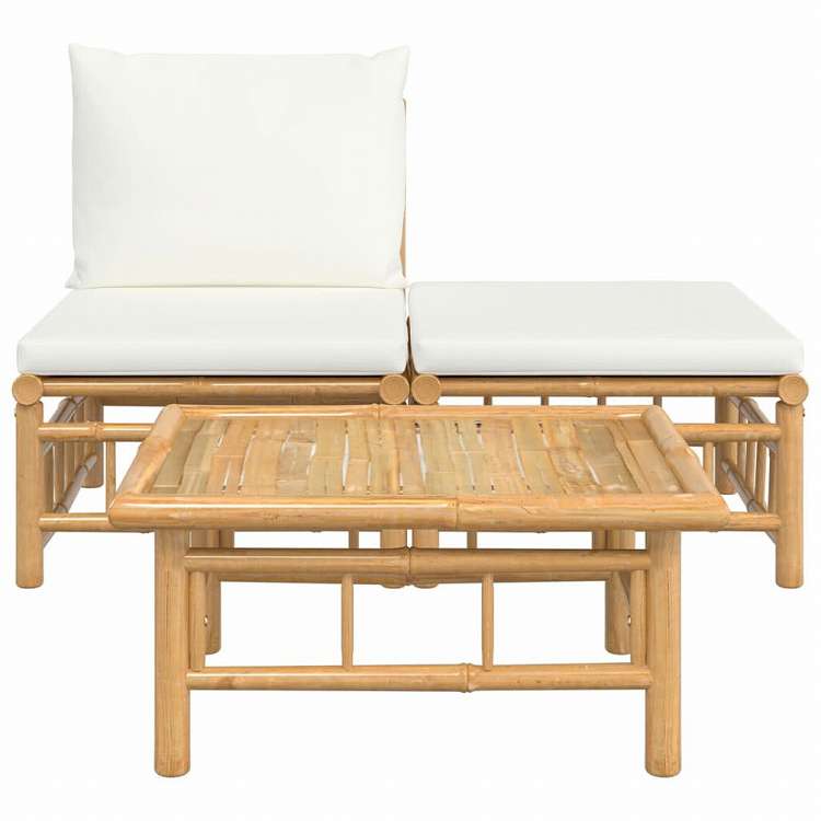 vidaXL ガーデンラウンジ3点セット クリームホワイトクッション付き 竹製家具 アウトドア家具 屋外椅子 屋外用組み合わせソファセット(代引不可)