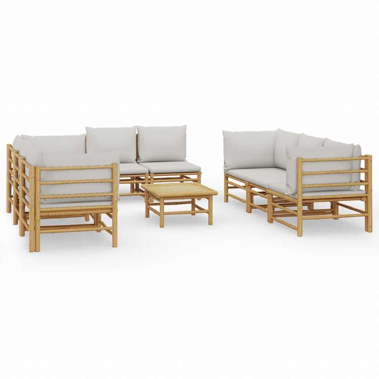 vidaXL ガーデンラウンジ9点セット ライトグレークッション付き 竹製家具 アウトドア家具 屋外家具セット(代引不可)