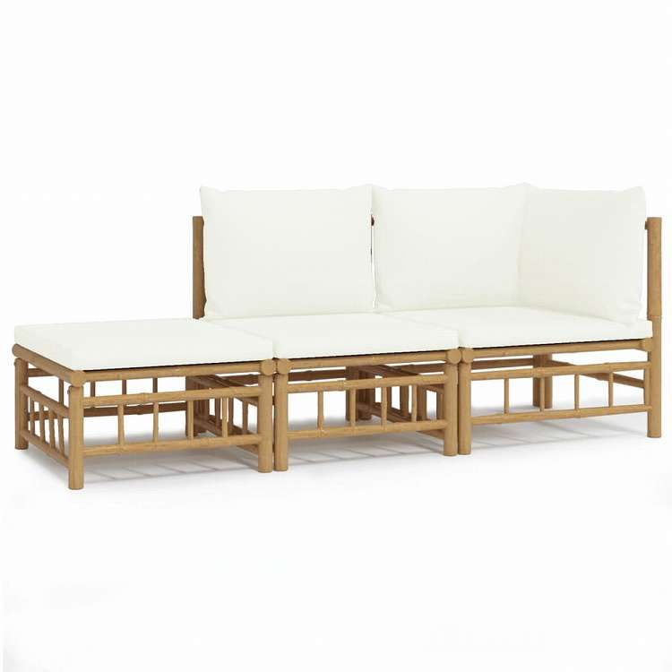 vidaXL ガーデンラウンジ3点セット クリームホワイトクッション付き 竹製家具 アウトドア家具 屋外家具セット(代引不可)