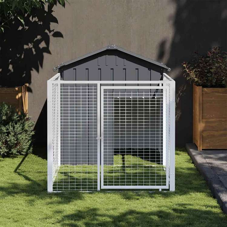 vidaXL ドッグラン付き犬小屋 アントラシート 117x201x123 cm 亜鉛メッキ鋼製動物&ペット用品 ペット用品 犬用品 ドッグハウス(代引不可)