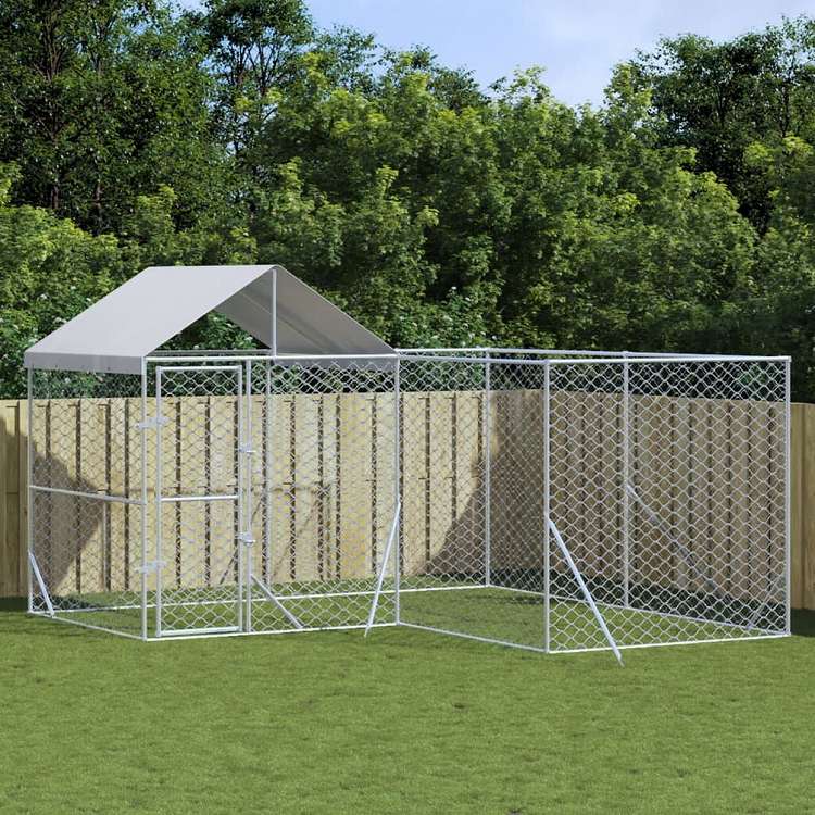 vidaXL 屋外犬小屋 屋根付き シルバー 4x4x2.5 m 亜鉛メッキ鋼製動物&ペット用品 ペット用品 犬用品 犬小屋・ドッグラン(代引不可)