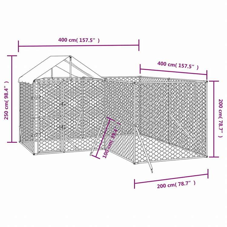 vidaXL 屋外犬小屋 屋根付き シルバー 4x4x2.5 m 亜鉛メッキ鋼製動物&ペット用品 ペット用品 犬用品 犬小屋・ドッグラン(代引不可)