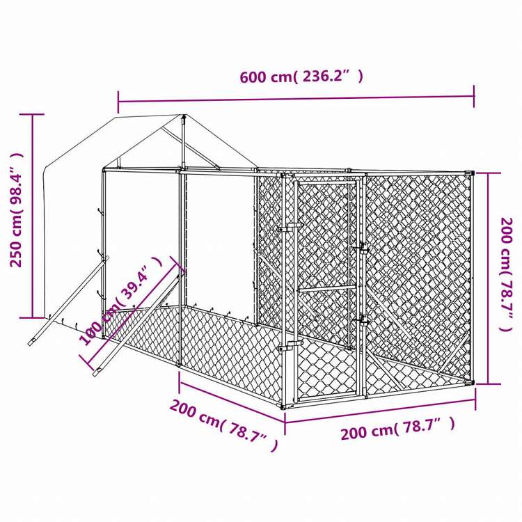 vidaXL 屋外犬小屋 屋根付き シルバー 2x6x2.5 m 亜鉛メッキ鋼製動物&ペット用品 ペット用品 犬用品 犬小屋・ドッグラン(代引不可)