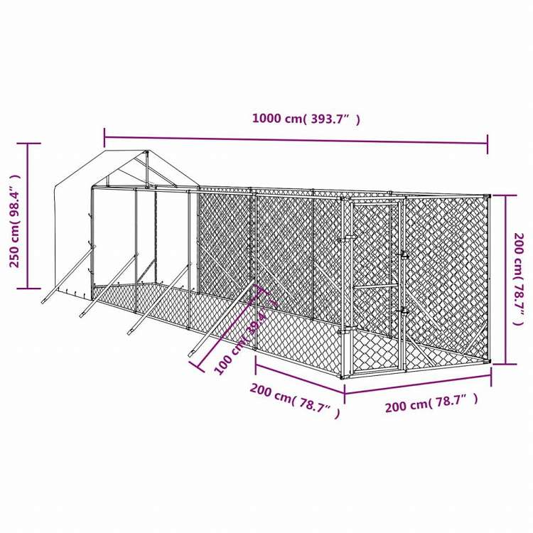 vidaXL 屋外犬小屋 屋根付き シルバー 2x10x2.5 m 亜鉛メッキ鋼製動物&ペット用品 ペット用品 犬用品 犬小屋・ドッグラン(代引不可)