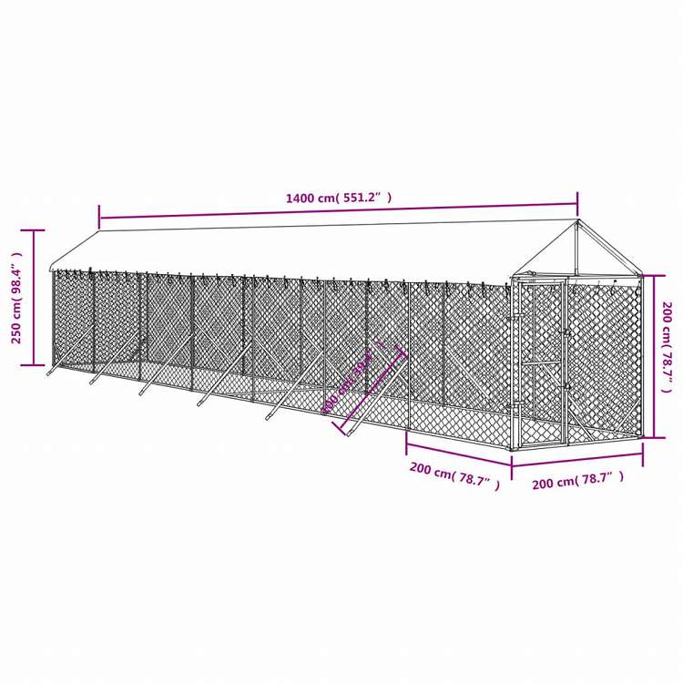vidaXL 屋外犬小屋 屋根付き シルバー 2x14x2.5 m 亜鉛メッキ鋼製Animals & Pet Supplies ペット用品 犬用品 犬小屋・ドッグラン(代引不可)