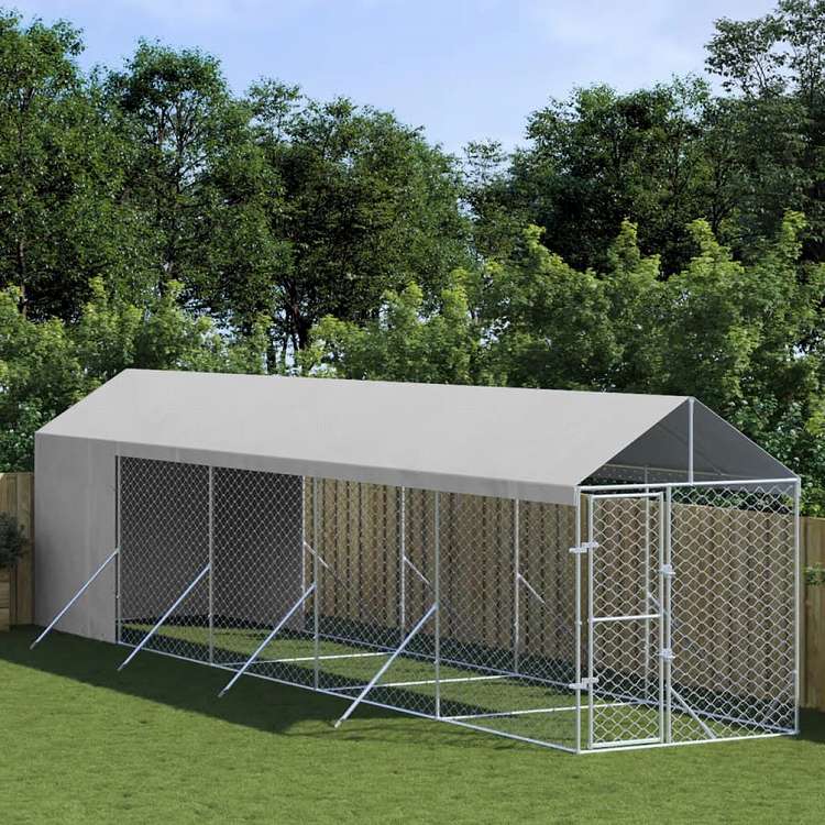 vidaXL 屋外犬小屋 屋根付き シルバー 2x10x2.5 m 亜鉛メッキ鋼製動物&ペット用品 ペット用品 犬用品 犬小屋・ドッグラン(代引不可)