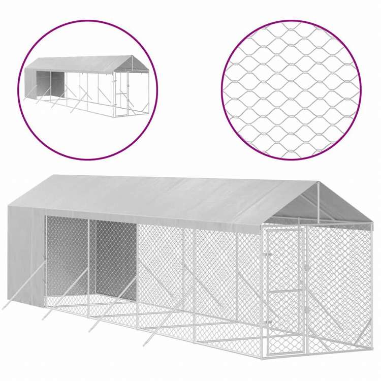 vidaXL 屋外犬小屋 屋根付き シルバー 2x10x2.5 m 亜鉛メッキ鋼製動物&ペット用品 ペット用品 犬用品 犬小屋・ドッグラン(代引不可)