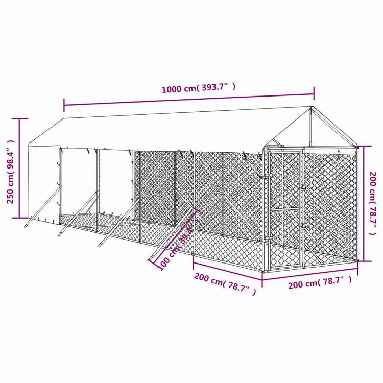 vidaXL 屋外犬小屋 屋根付き シルバー 2x10x2.5 m 亜鉛メッキ鋼製動物&ペット用品 ペット用品 犬用品 犬小屋・ドッグラン(代引不可)