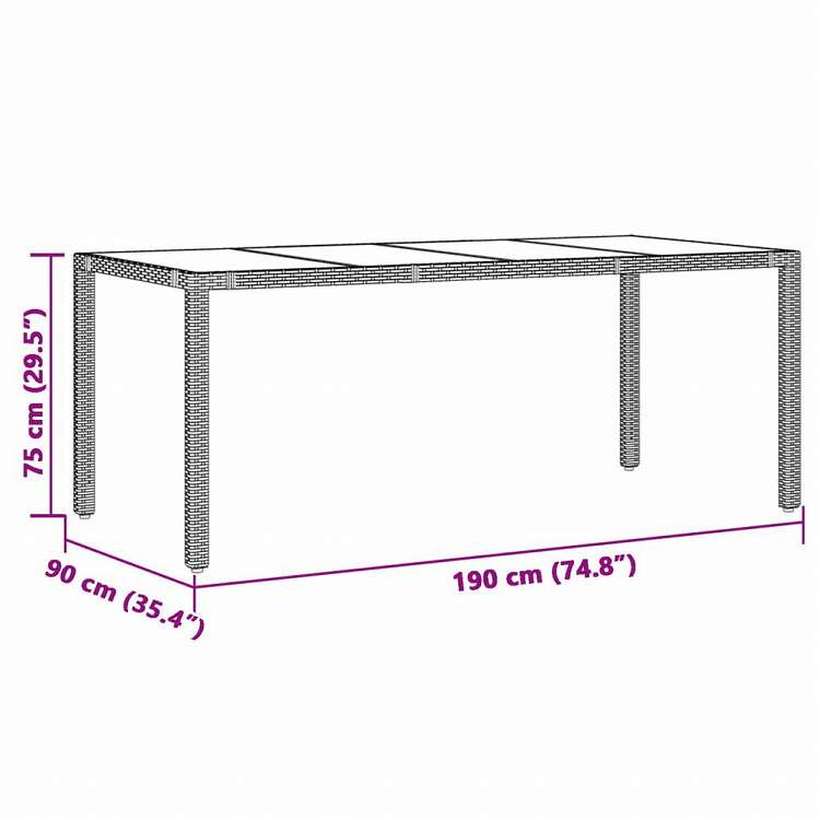vidaXL ガーデンテーブル ガラストップ付き 190 x 90 x 75 cm ポリラタン製 グレー家具 アウトドア家具 アウトドアテーブル(代引不可)