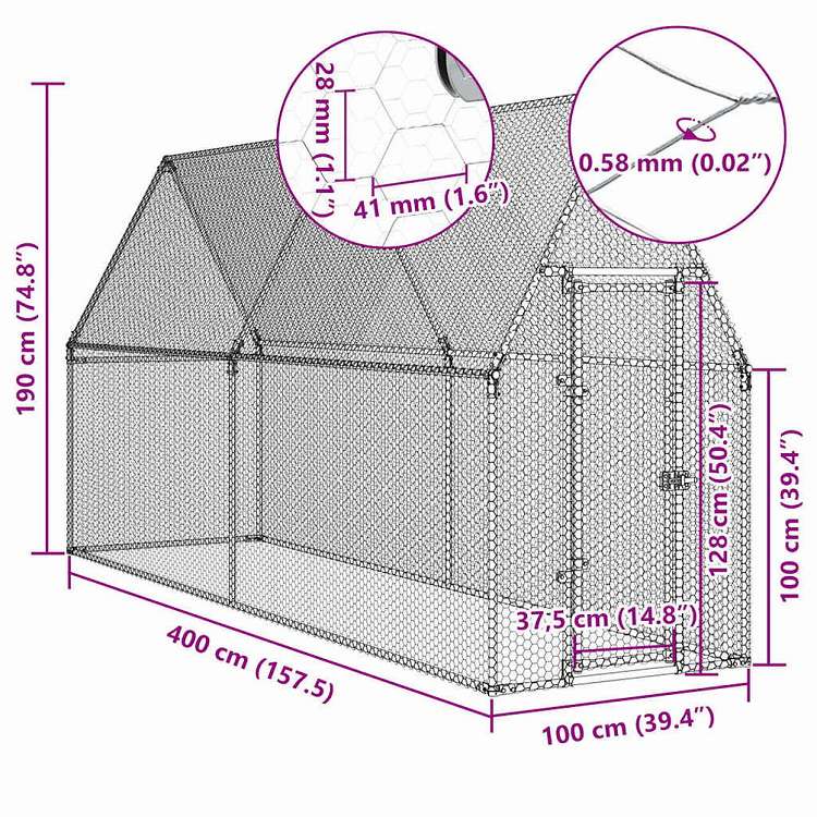 vidaXL 鶏小屋 シルバー 400x100x190 cm 亜鉛メッキ鋼動物&ペット用品 ペット用品 小動物用品 小動物 飼育・ケージ(代引不可)