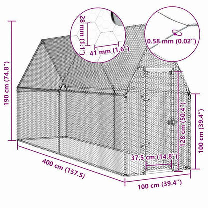 vidaXL 鶏小屋 シルバー 400x100x190 cm 亜鉛メッキ鋼動物&ペット用品 ペット用品 小動物用品 小動物 飼育・ケージ(代引不可)