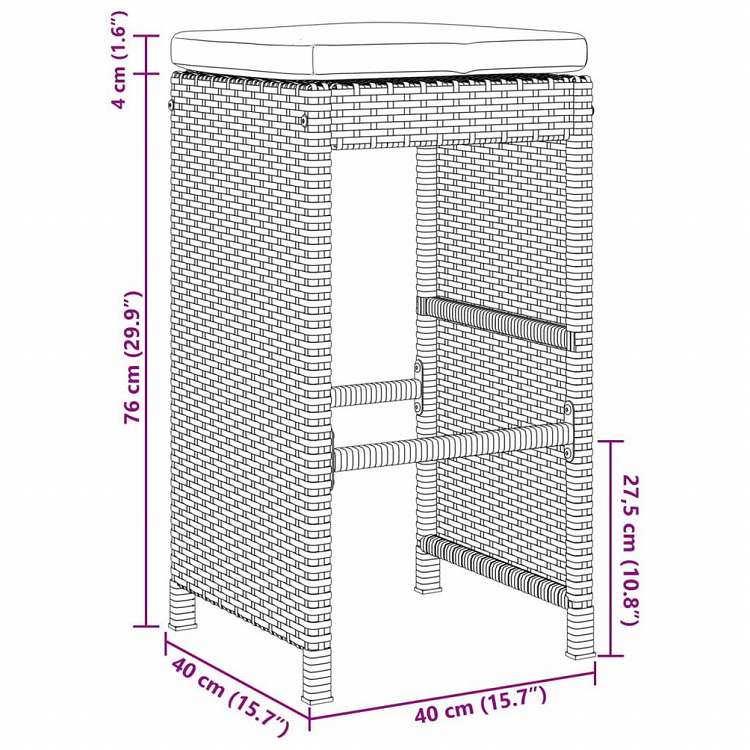vidaXL ガーデンバースツール 4点 クッション付き ポリラタン製 グレー家具 アウトドア家具 屋外椅子 アウトドアベンチチェア(代引不可)