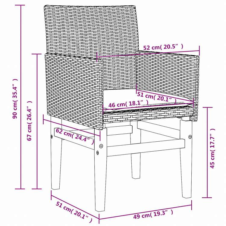 vidaXL ガーデンチェア クッション付き 2点 ブラック ポリラタン&無垢材家具 アウトドア家具 屋外椅子 アウトドアベンチチェア(代引不可)