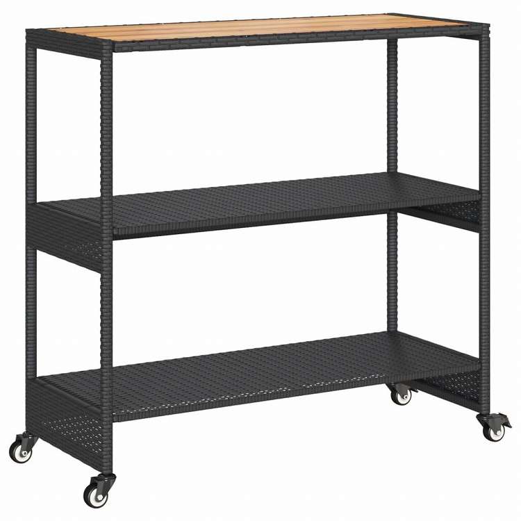 vidaXL バーカート 3段 ブラック ポリラタン&アカシア無垢材家具 トローリー キッチン・ダイニング トローリー(代引不可)