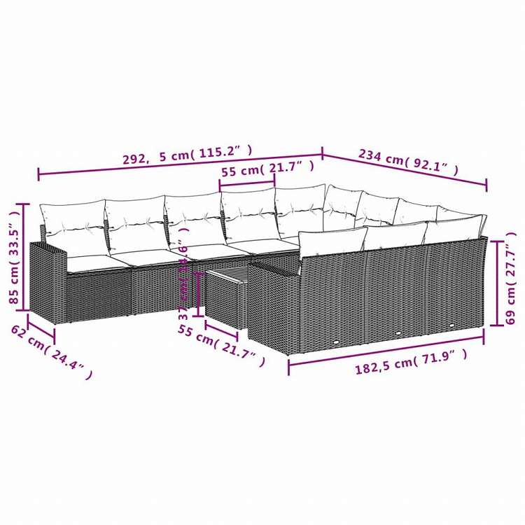 vidaXL ガーデンソファ11点セット クッション付き ポリラタン製 グレー家具 アウトドア家具 屋外椅子 屋外用組み合わせソファセット(代引不可)