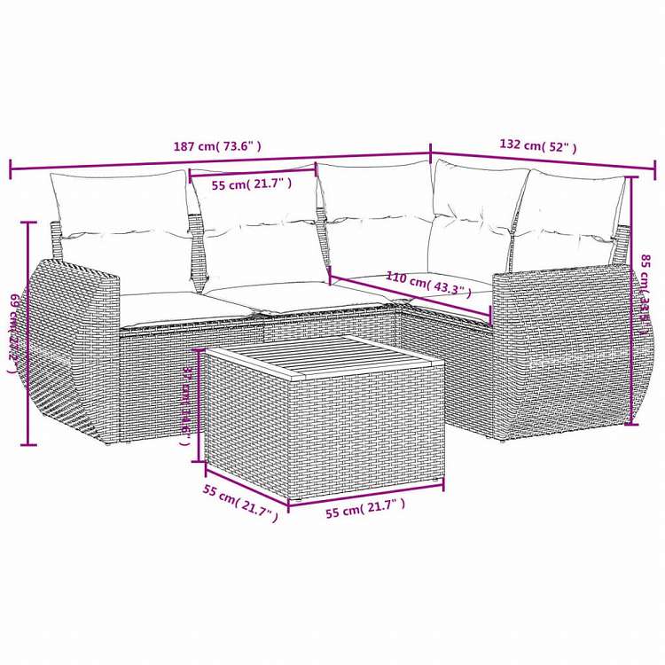 vidaXL ガーデンソファ5点セット クッション付き グレー ポリラタン製家具 アウトドア家具 屋外家具セット(代引不可)
