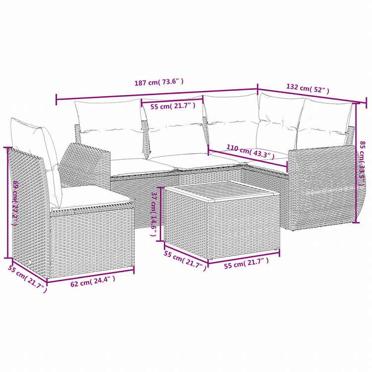 vidaXL ガーデンソファ6点セット クッション付き グレー ポリラタン製家具 アウトドア家具 屋外家具セット(代引不可)