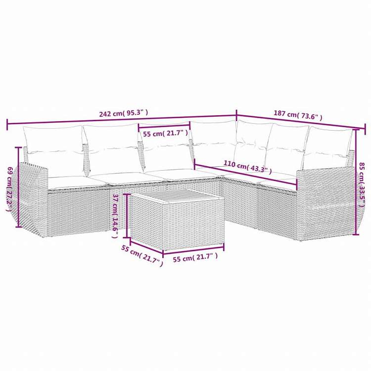 vidaXL ガーデンソファ7点セット クッション付き グレー ポリラタン家具 アウトドア家具 屋外家具セット(代引不可)