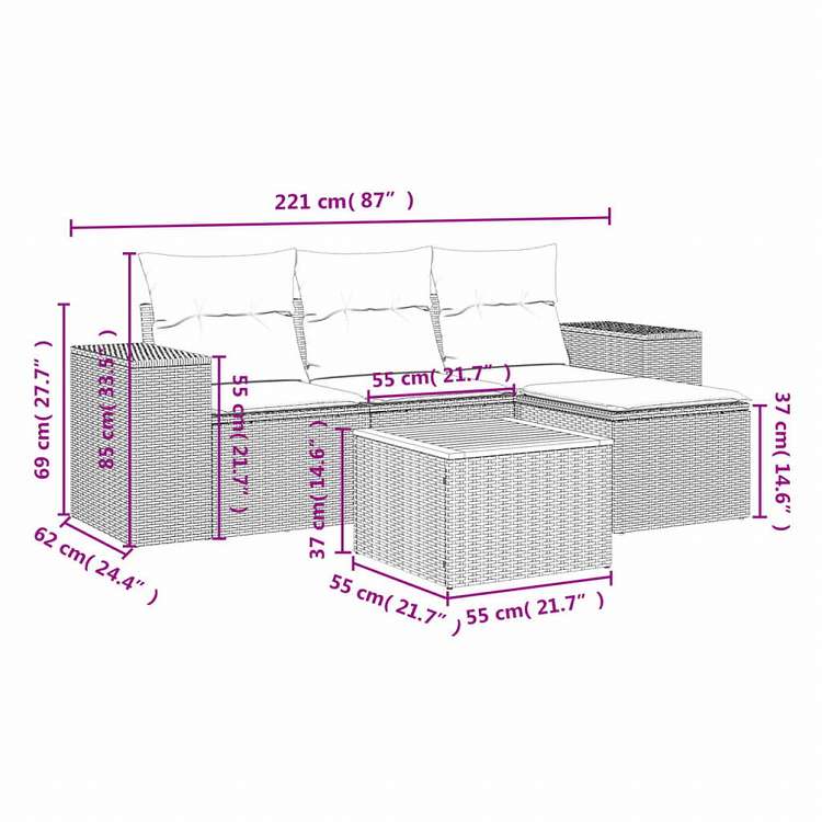 vidaXL ガーデンソファ5点セット クッション付き グレー ポリラタン製家具 アウトドア家具 屋外家具セット(代引不可)