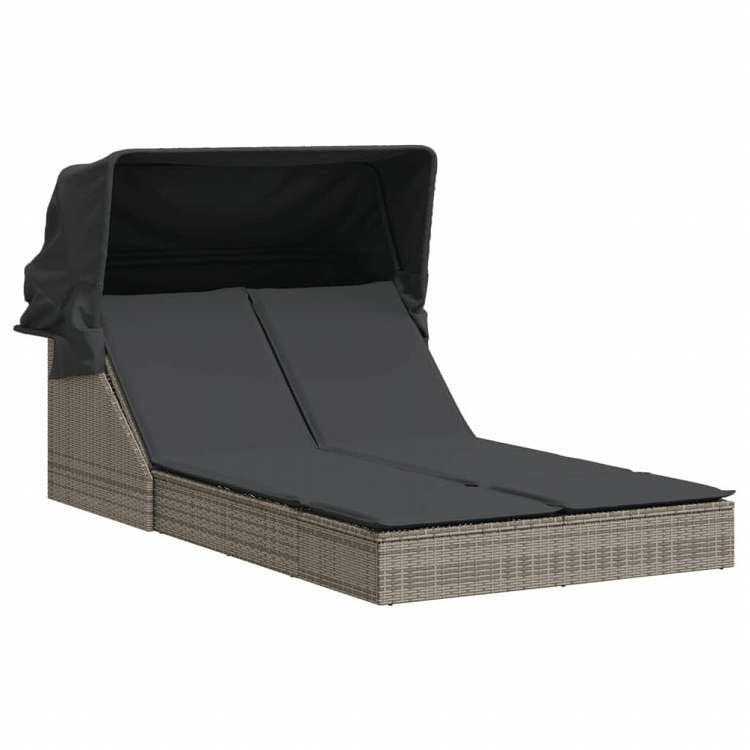 vidaXL ダブルサンラウンジャー キャノピー&クッション付き グレー ポリラタン家具 アウトドア家具 屋外椅子 サンラウンジャー(代引不可)