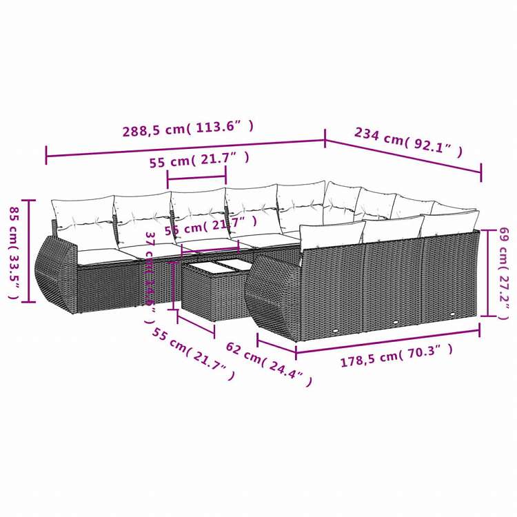 vidaXL ガーデンソファ11点セット クッション付き ポリラタン製 グレー家具 アウトドア家具 屋外椅子 屋外用組み合わせソファセット(代引不可)