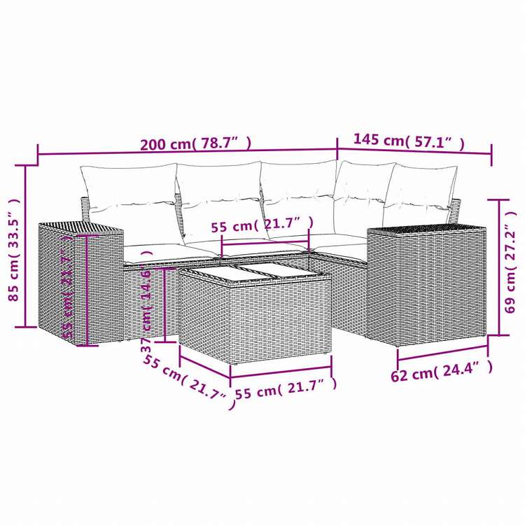 vidaXL ガーデンソファ5点セット クッション付き グレー ポリラタン製家具 アウトドア家具 屋外椅子 屋外用組み合わせソファセット(代引不可)